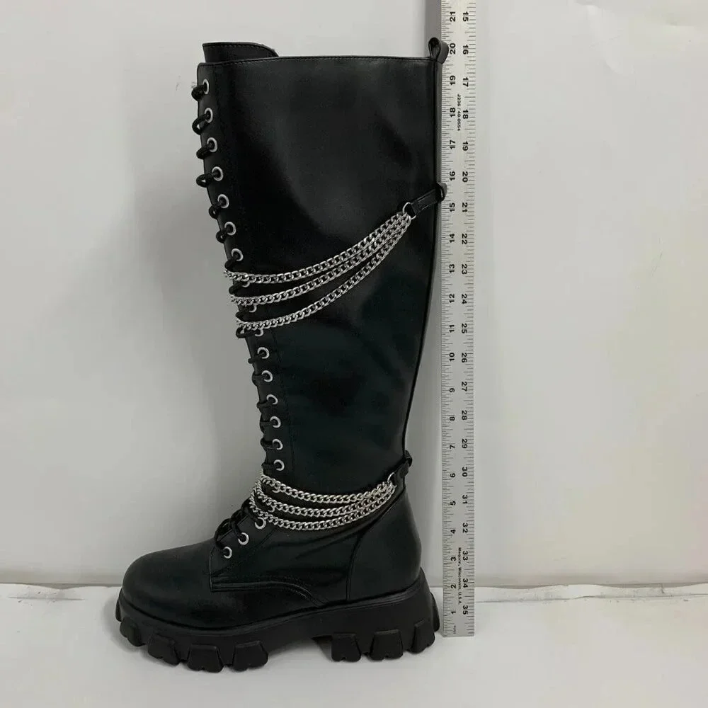 Hot Topic Women’s Black Chains Platform Side Zip Knee-High Boots Size 10 NWOB - Picture 14 of 16